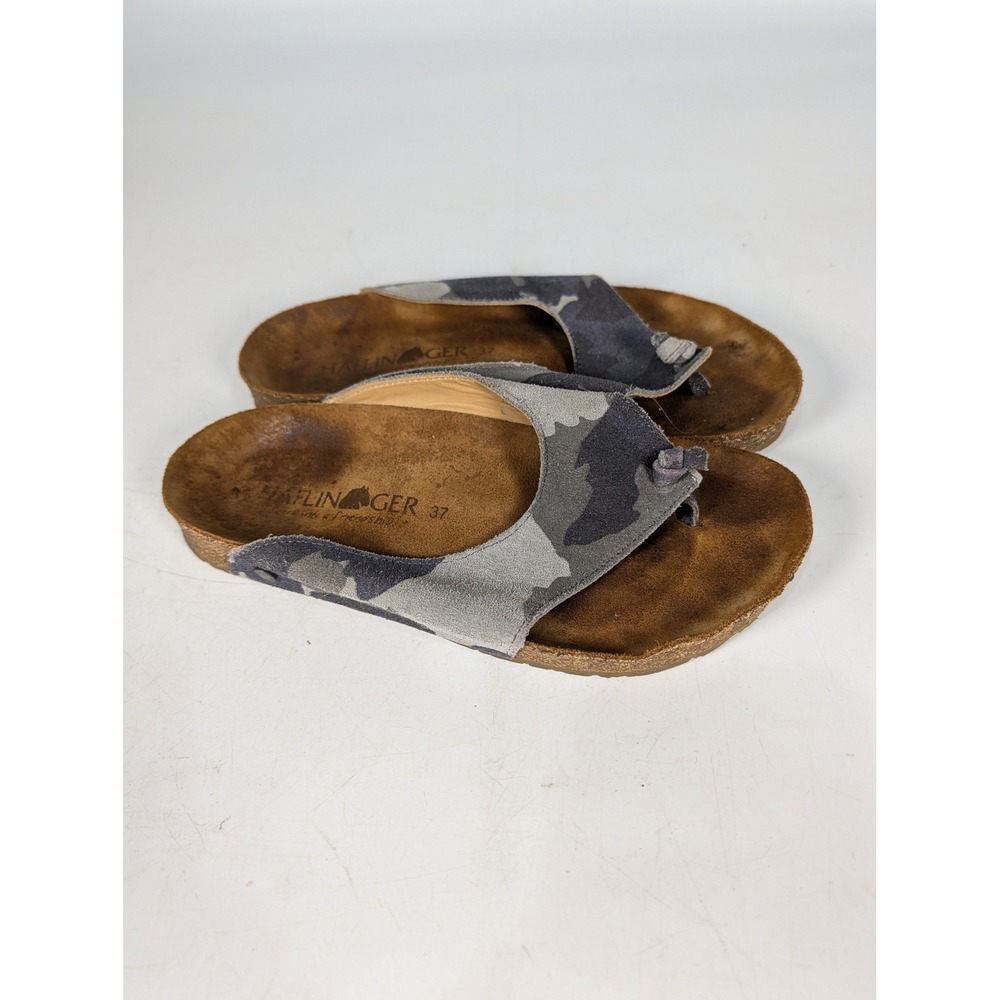Haflinger Women Camouflage Suede Thong Sandals Cork Footbed Slides Gray Size 37 - Picture 2 of 4